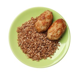 Photo of Plate with tasty buckwheat and cutlets isolated on white, top view