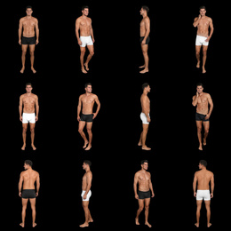 Image of Collage of man in underwear on black background