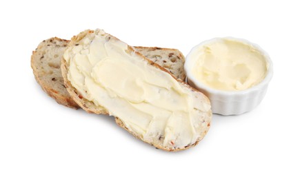 Photo of Slices of bread with tasty butter on white background