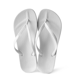 Stylish pair of flip flops on white background. Beach accessory