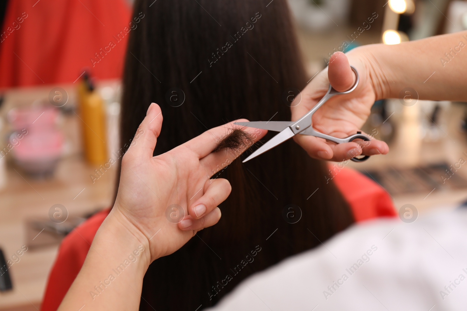 Photo of Stylist cutting hair of client in professional salon, closeup