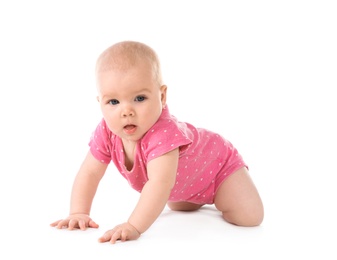 Photo of Cute little baby crawling on white background