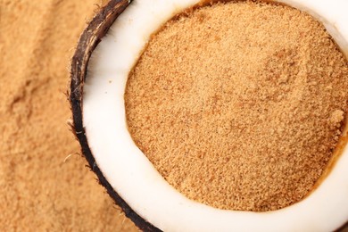 Photo of Coconut sugar and fruit on table, above view