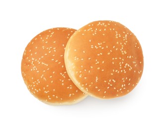 Photo of Fresh hamburger buns isolated on white, top view