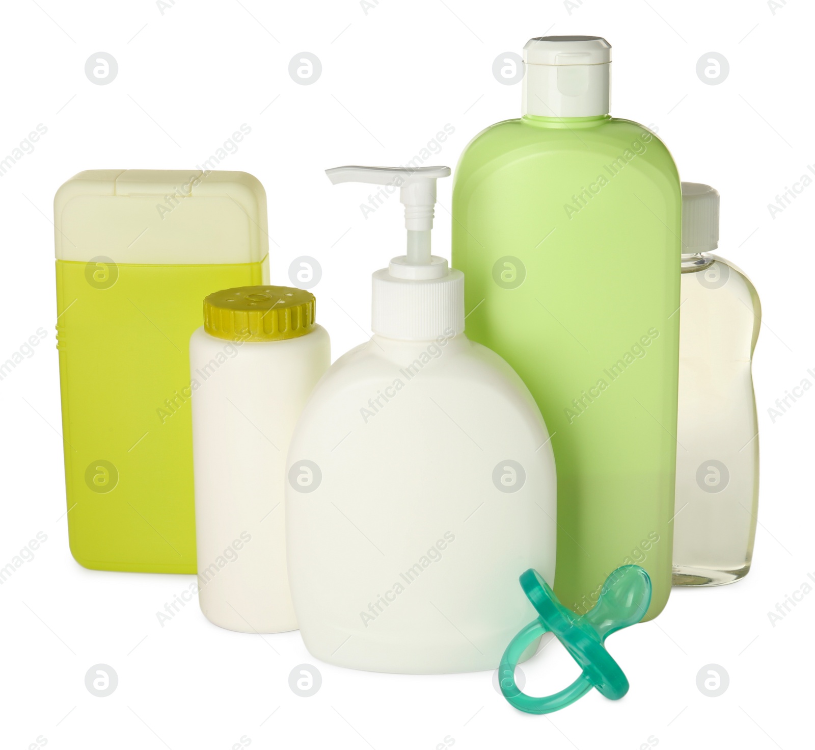 Photo of Bottles of baby cosmetic products and pacifier on white background