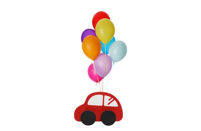 Many balloons tied to toy car flying on white background