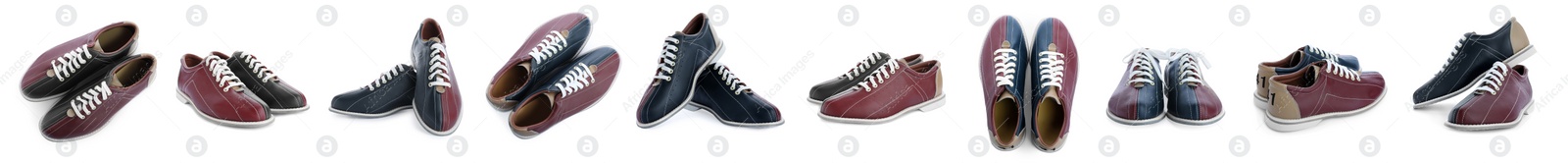 Image of Set of bowling shoes on white background. Banner design 