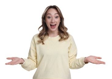 Photo of Portrait of happy surprised woman on white background