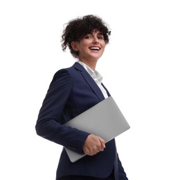 Photo of Beautiful businesswoman in suit with laptop on white background, low angle view