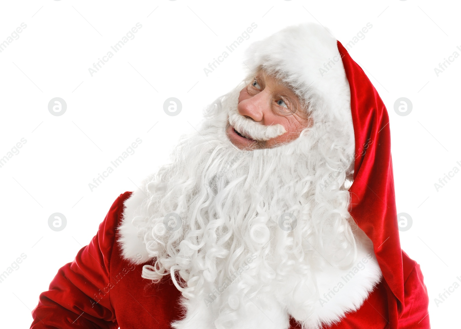 Photo of Portrait of authentic Santa Claus on white background