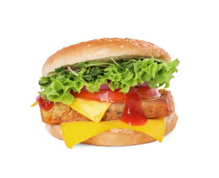 Photo of Delicious burger with tofu, vegetables and sauce isolated on white