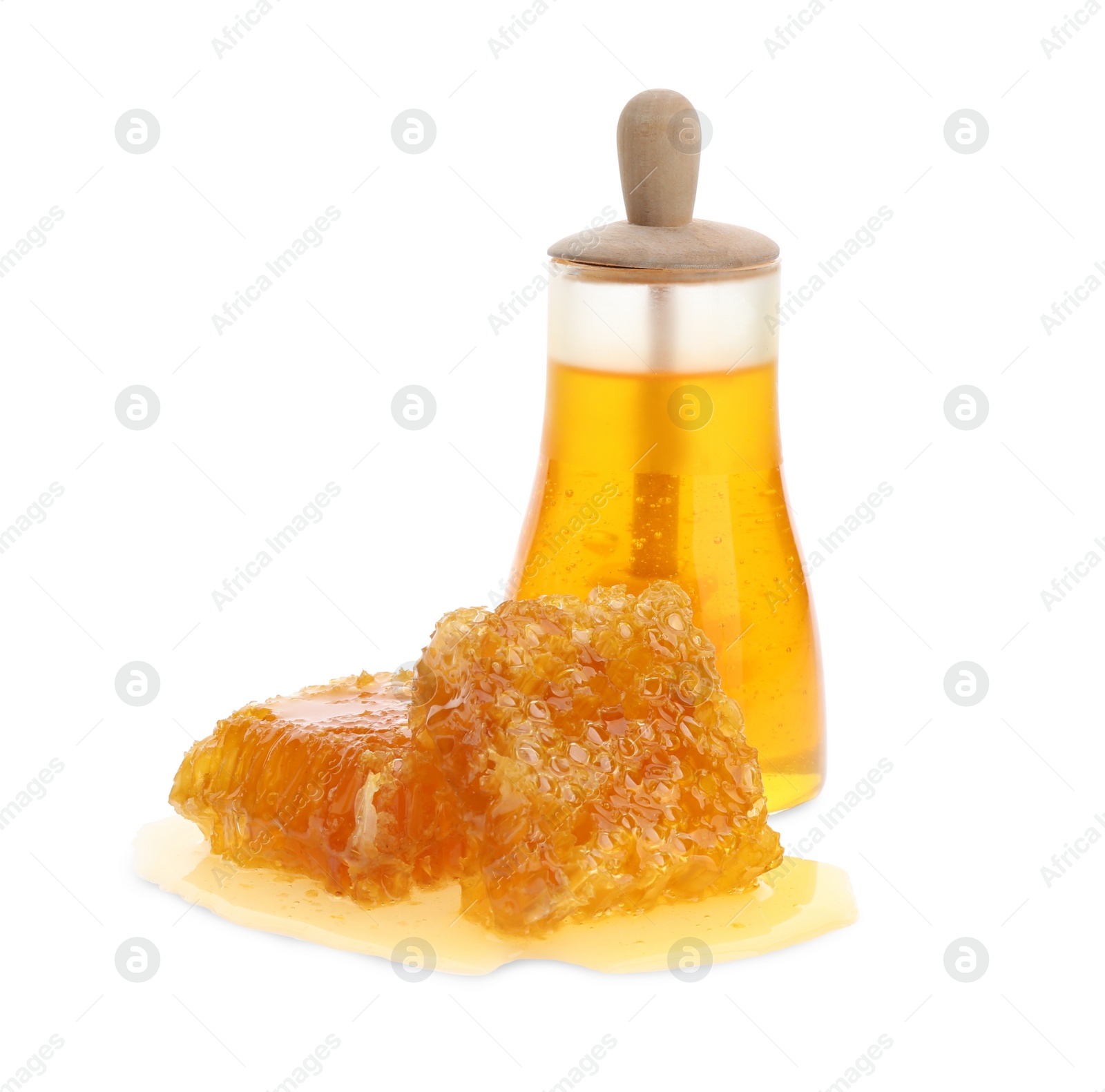 Photo of Composition with fresh honey on white background