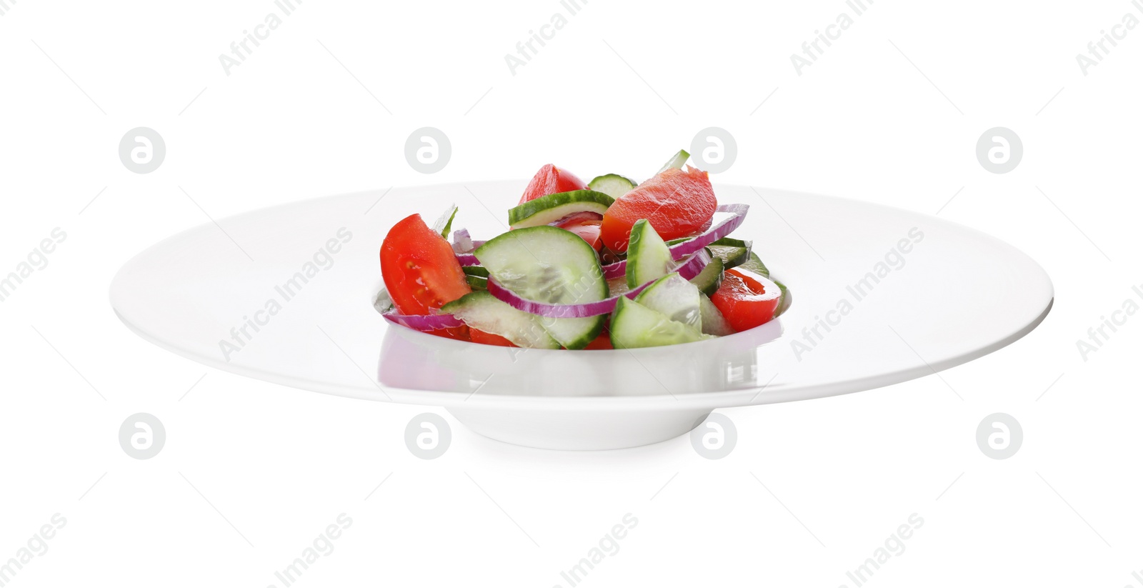 Photo of Delicious fresh cucumber tomato salad in plate on white background