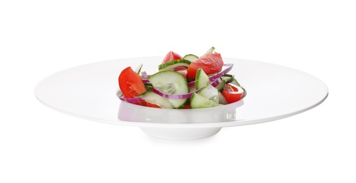 Photo of Delicious fresh cucumber tomato salad in plate on white background