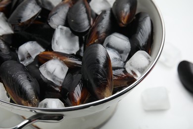 Colander with raw mussels and ice on white table, closeup