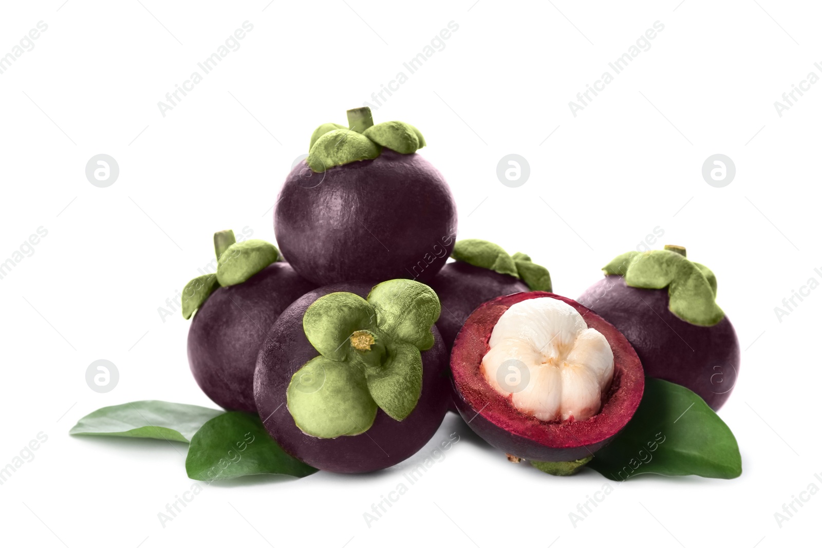 Photo of Fresh mangosteen fruits with green leaves on white background