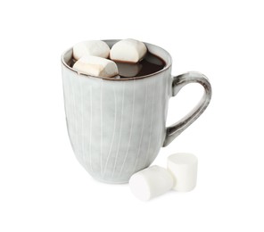 Delicious hot chocolate with marshmallows in cup isolated on white