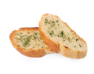 Pieces of tasty baguette with dill isolated on white