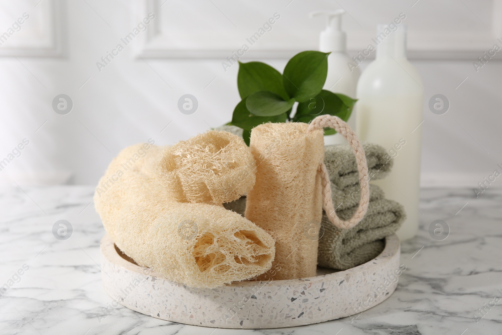 Photo of Loofah sponges, towels, green leaves and cosmetic products on white marble table