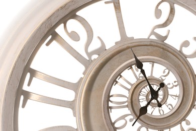 Infinity and other time related concepts. White clock face twisted in spiral, fractal pattern