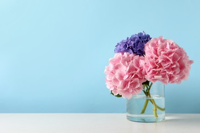 Vase with beautiful hortensia flowers on white table against light blue background. Space for text