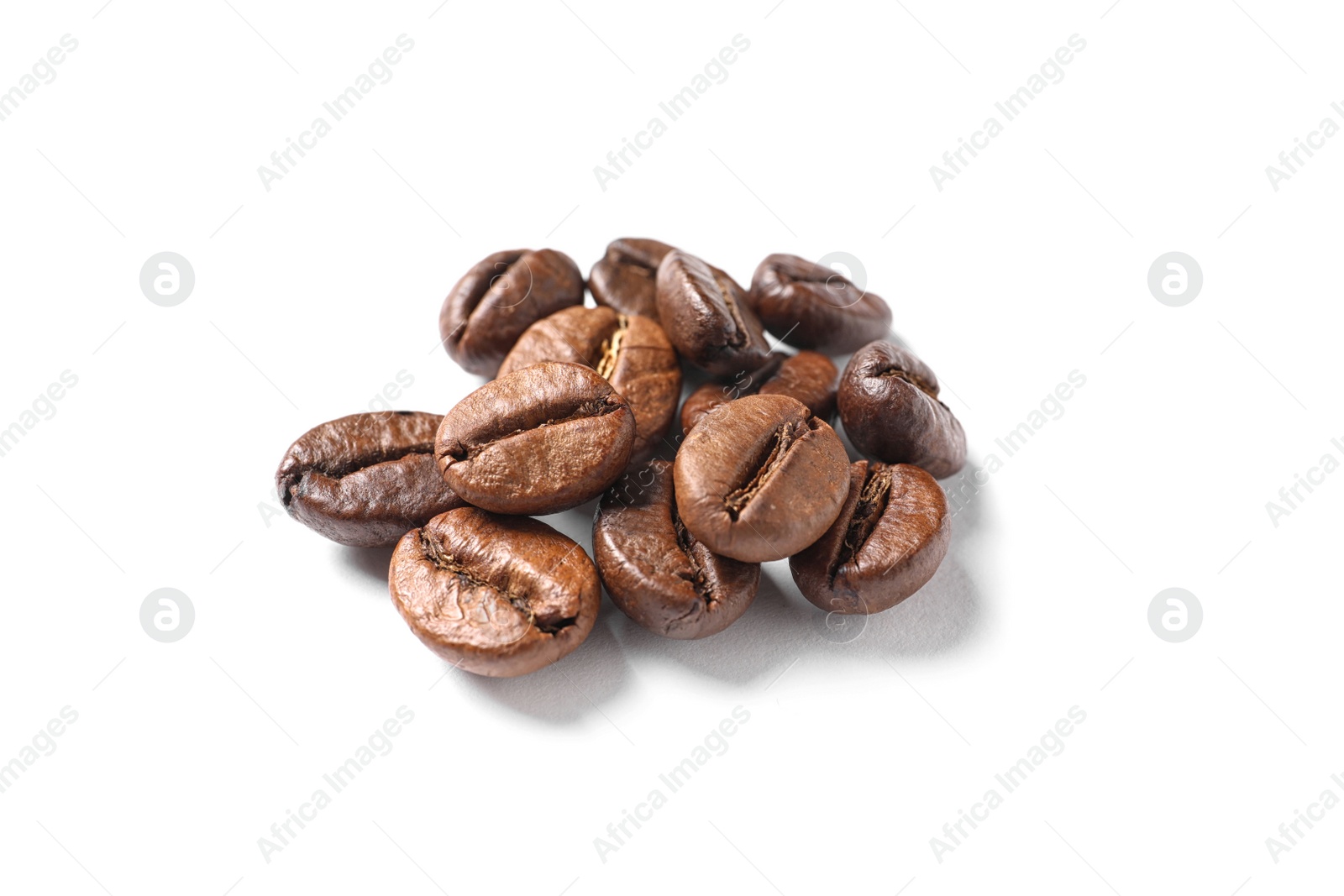 Photo of Pile of roasted coffee beans on white background