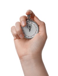 Photo of Woman holding vintage timer on white background, closeup