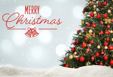 Image of Merry Christmas. Beautifully decorated Christmas tree and snow on light background, bokeh effect