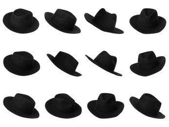 Set with stylish black hats on white background. Trendy headdress