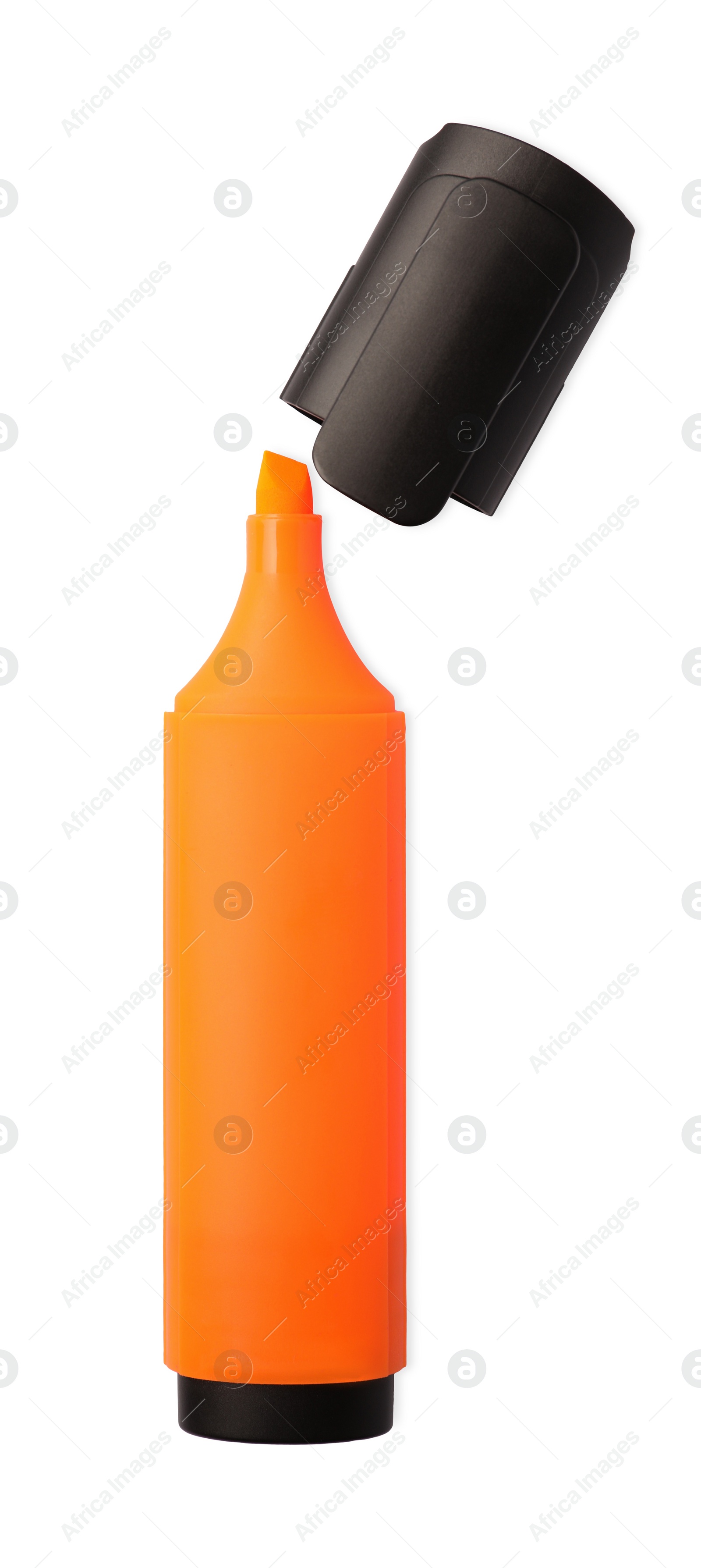 Photo of Bright orange marker isolated on white, top view