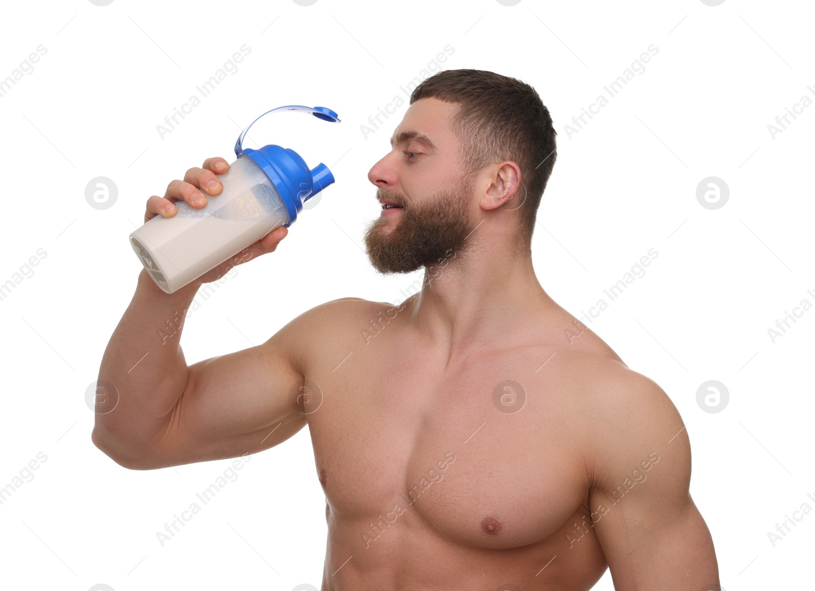 Photo of Young man with muscular body holding shaker of protein on white background