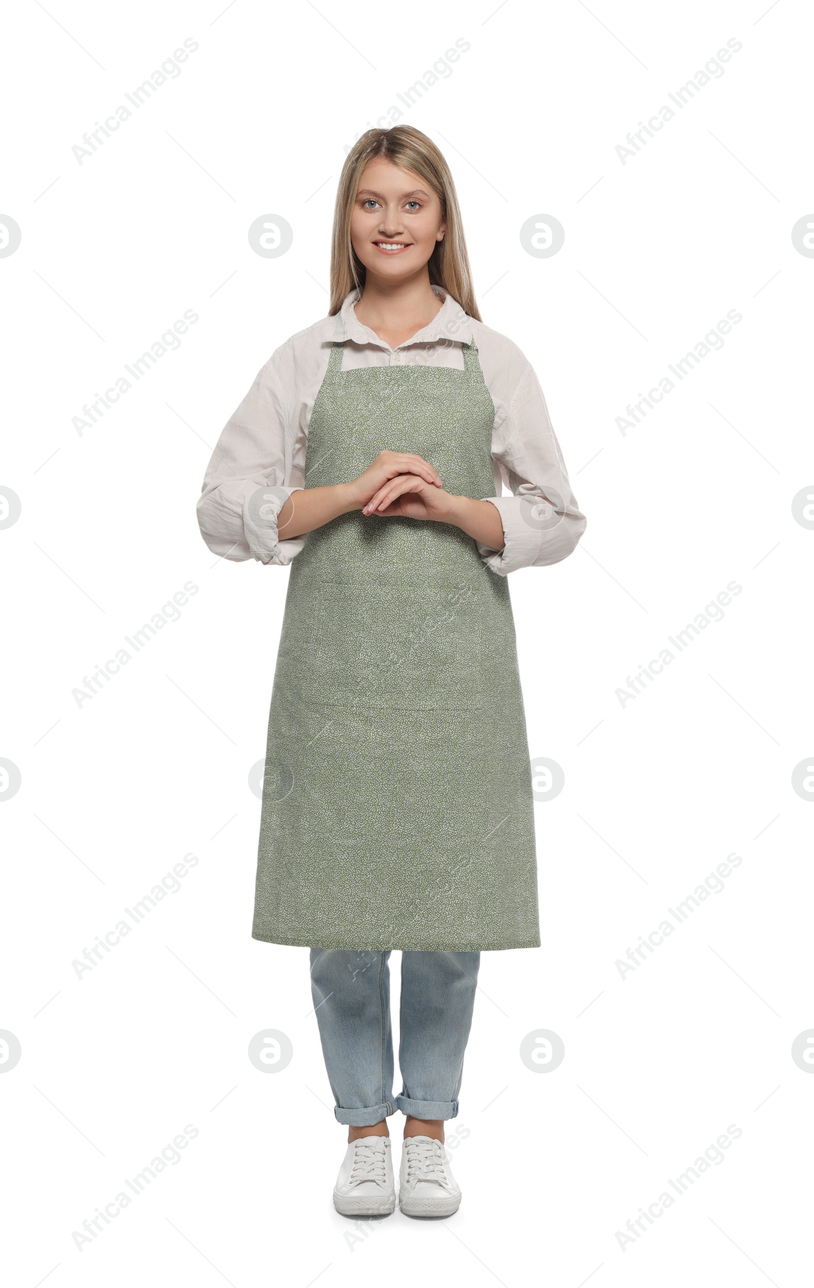 Photo of Beautiful young woman in clean apron on white background