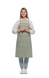 Beautiful young woman in clean apron on white background