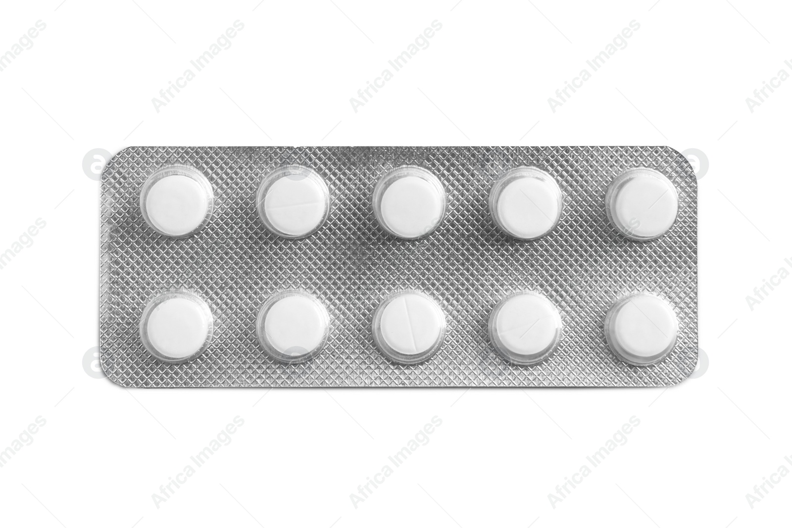 Photo of Blister of pills on white background, top view