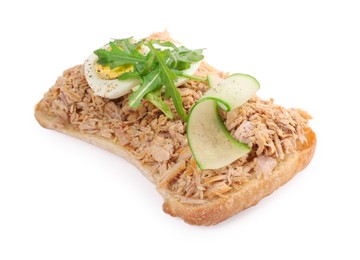 Photo of Delicious sandwich with tuna, boiled egg, cucumber slice and greens on white background