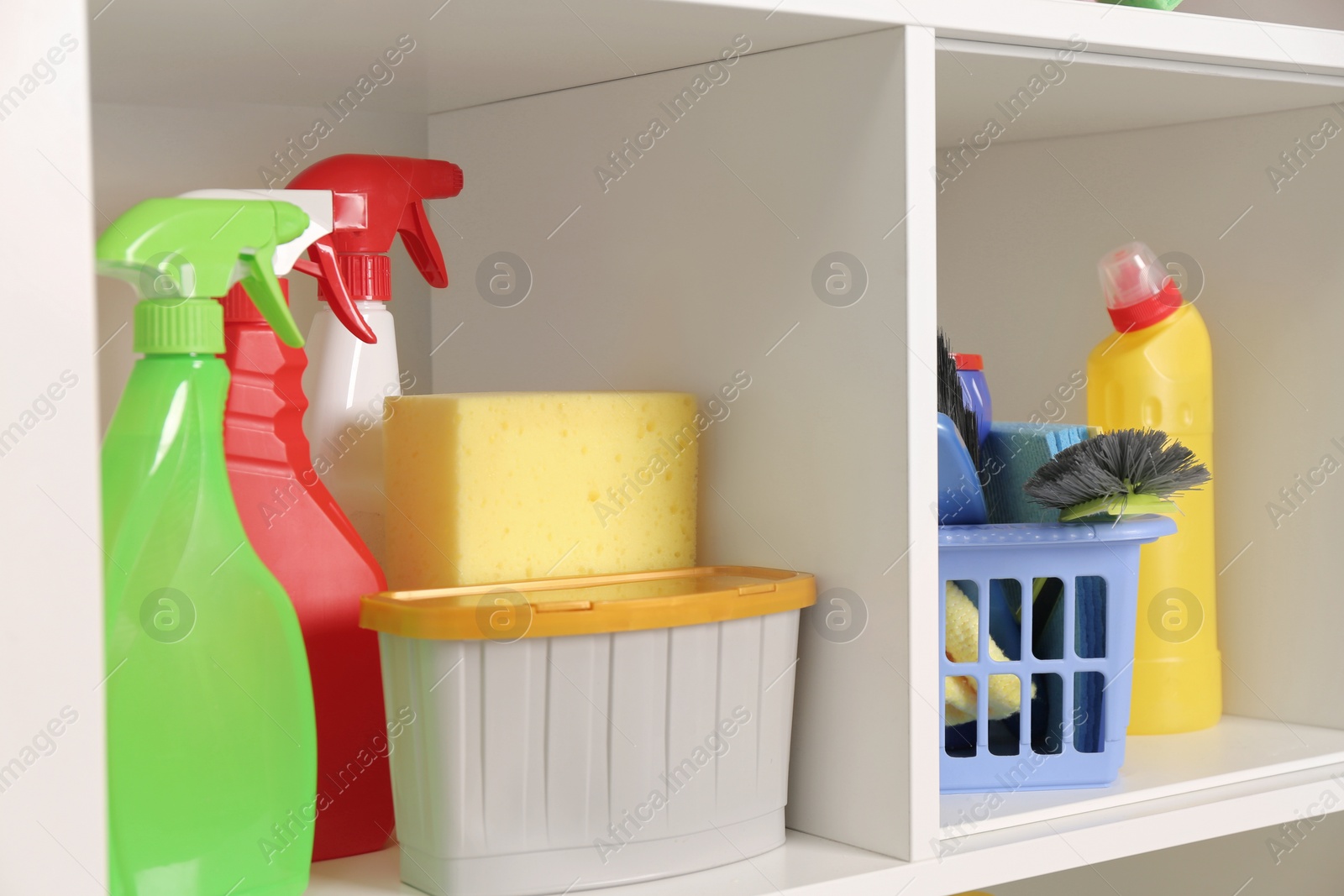 Photo of Different cleaning supplies and tools on shelves