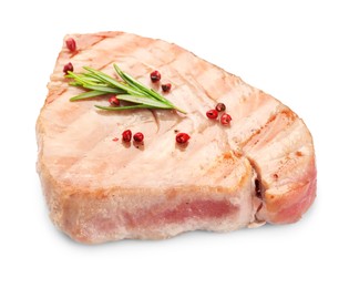Photo of Delicious tuna steak with rosemary and spices isolated on white