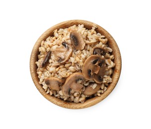 Photo of Delicious pearl barley with mushrooms in bowl isolated on white, top view