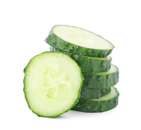 Photo of Slices of fresh cucumber on white background