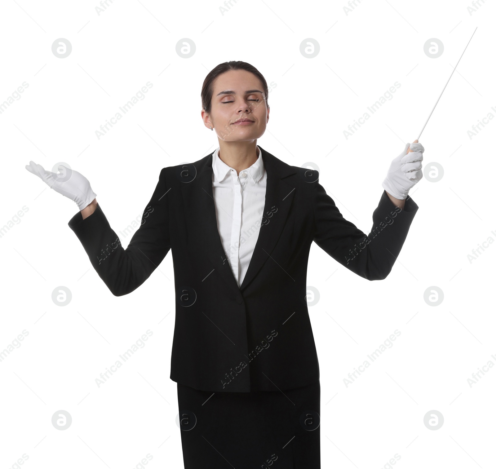 Photo of Professional young conductor with baton on white background