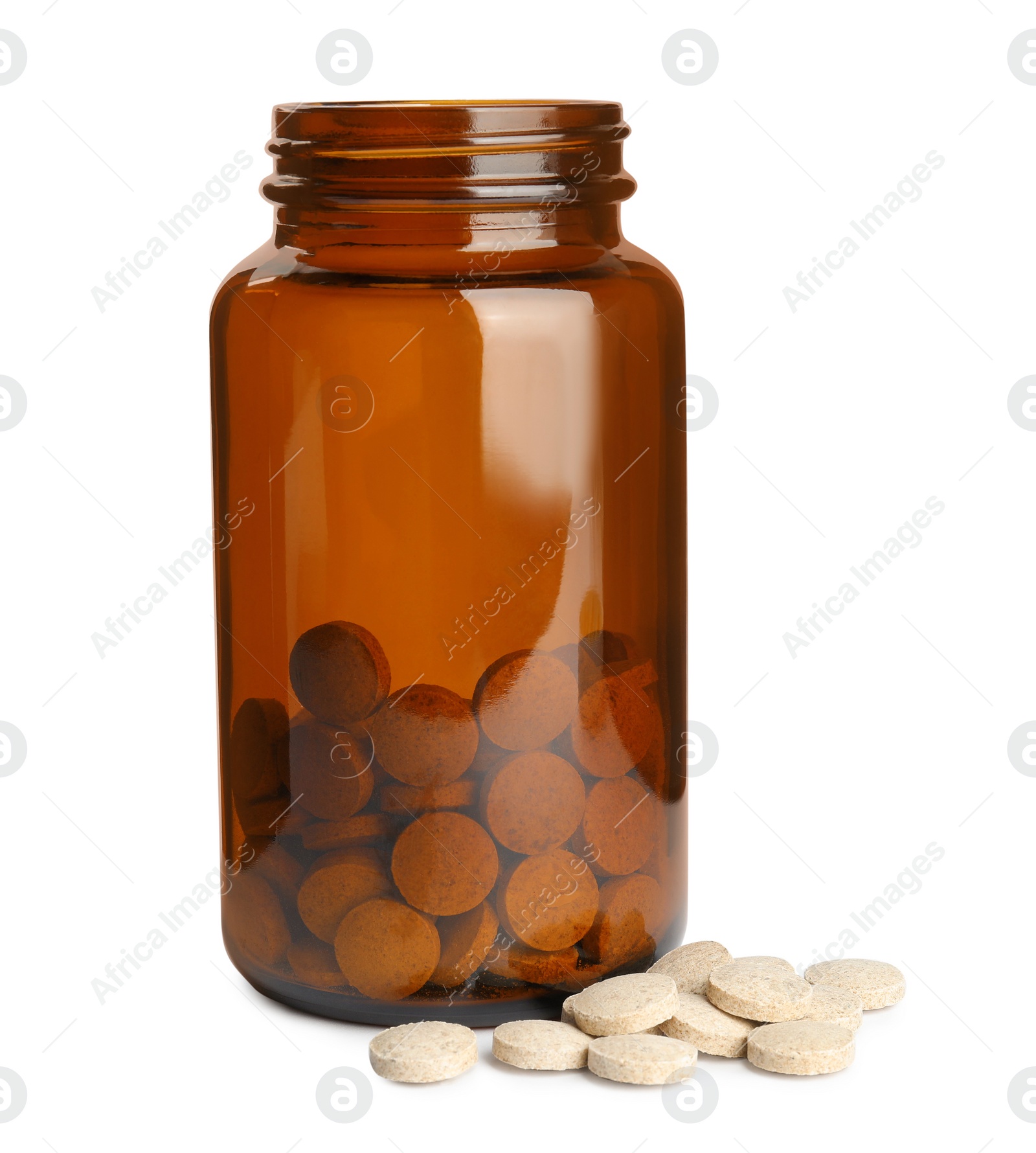 Photo of Bottle with vitamin pills isolated on white