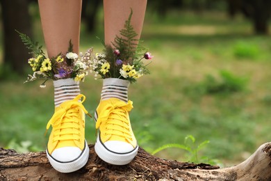 Photo of Woman standing on log with flowers in socks outdoors, closeup. Space for text