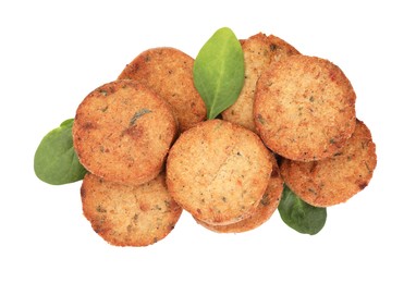 Photo of Delicious vegan cutlets and spinach on white background, top view