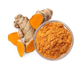 Photo of Bowl with aromatic turmeric powder and cut roots isolated on white, top view