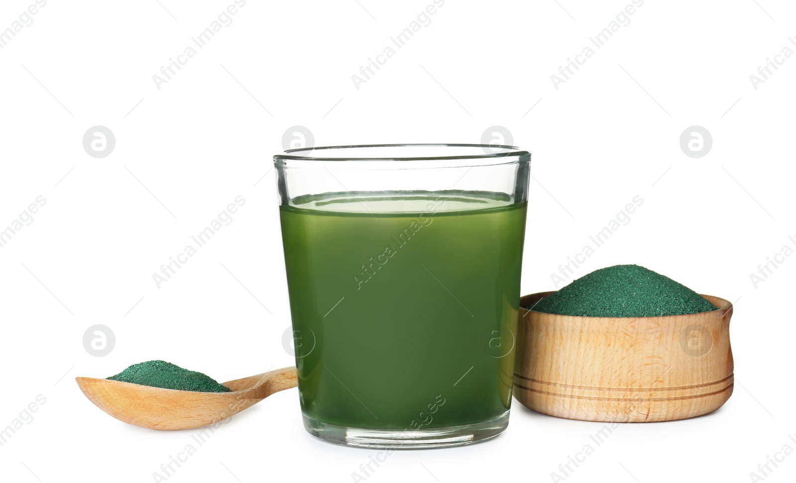 Photo of Spirulina drink and powder on white background