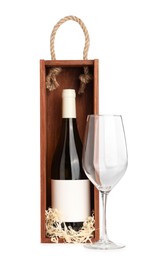 Photo of Wooden gift box with wine and glass isolated on white