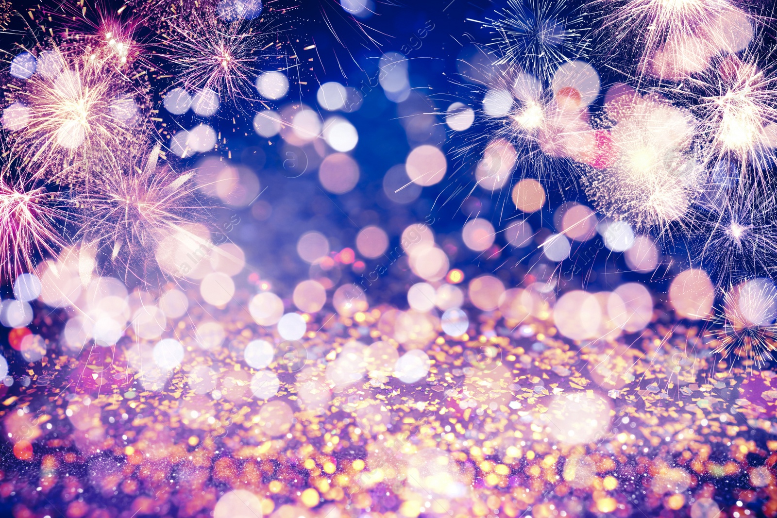 Image of 4th of July - Independence Day of USA. Festive background with fireworks and glitters, bokeh effect