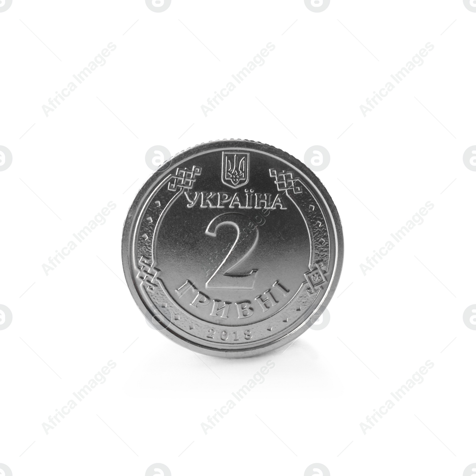 Photo of Ukrainian coin on white background. National currency