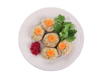 Photo of Plate of traditional Passover (Pesach) gefilte fish isolated on white, top view