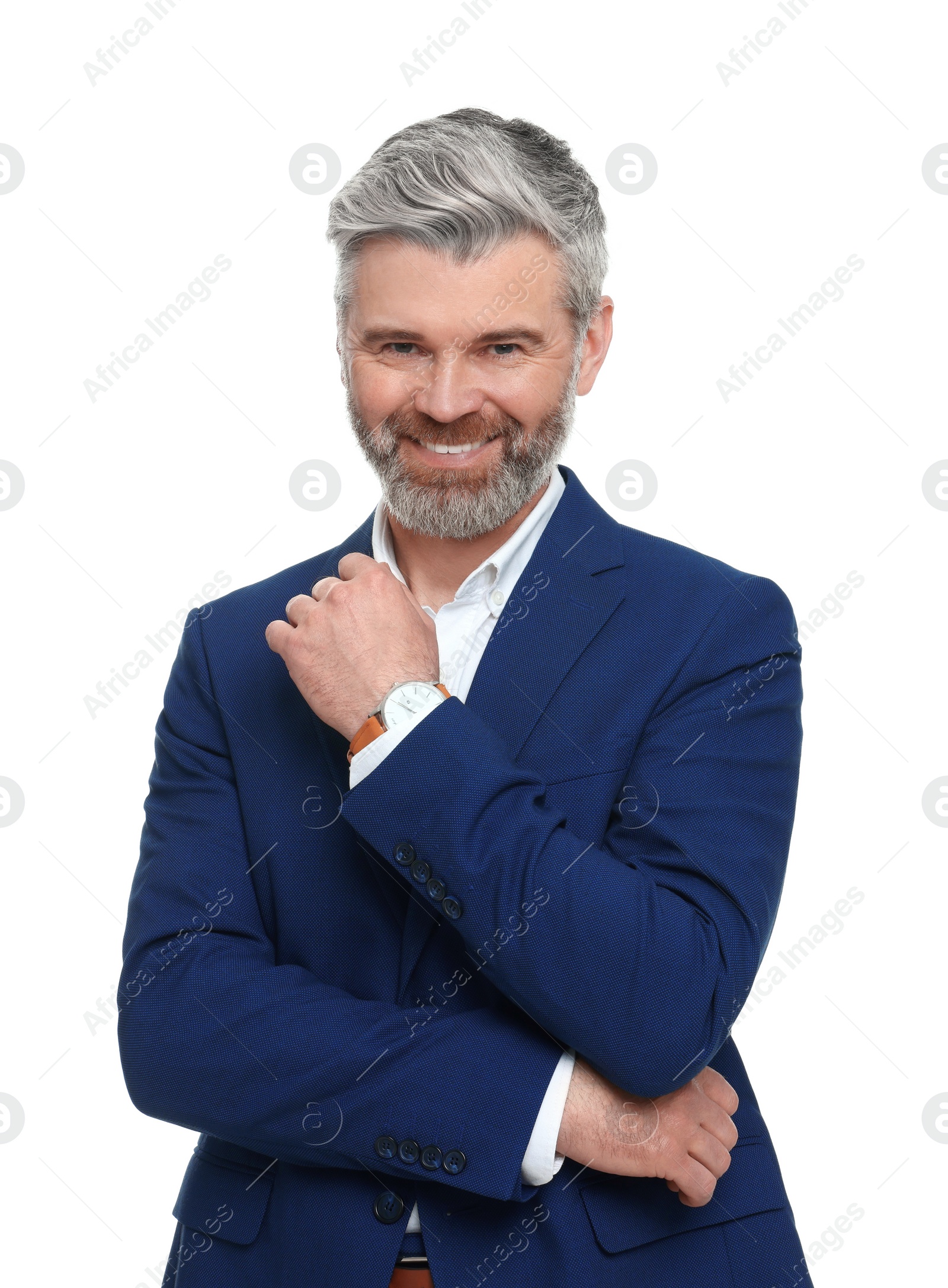 Photo of Mature businessman in stylish clothes posing on white background